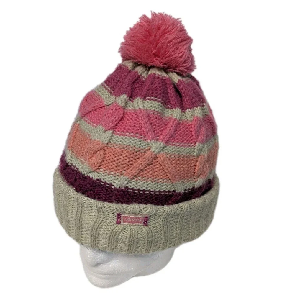 Levi's Beanie Hat Stripes Youth 7-16 Cable Knit Pinks & Beige Pom Pom Ribbed